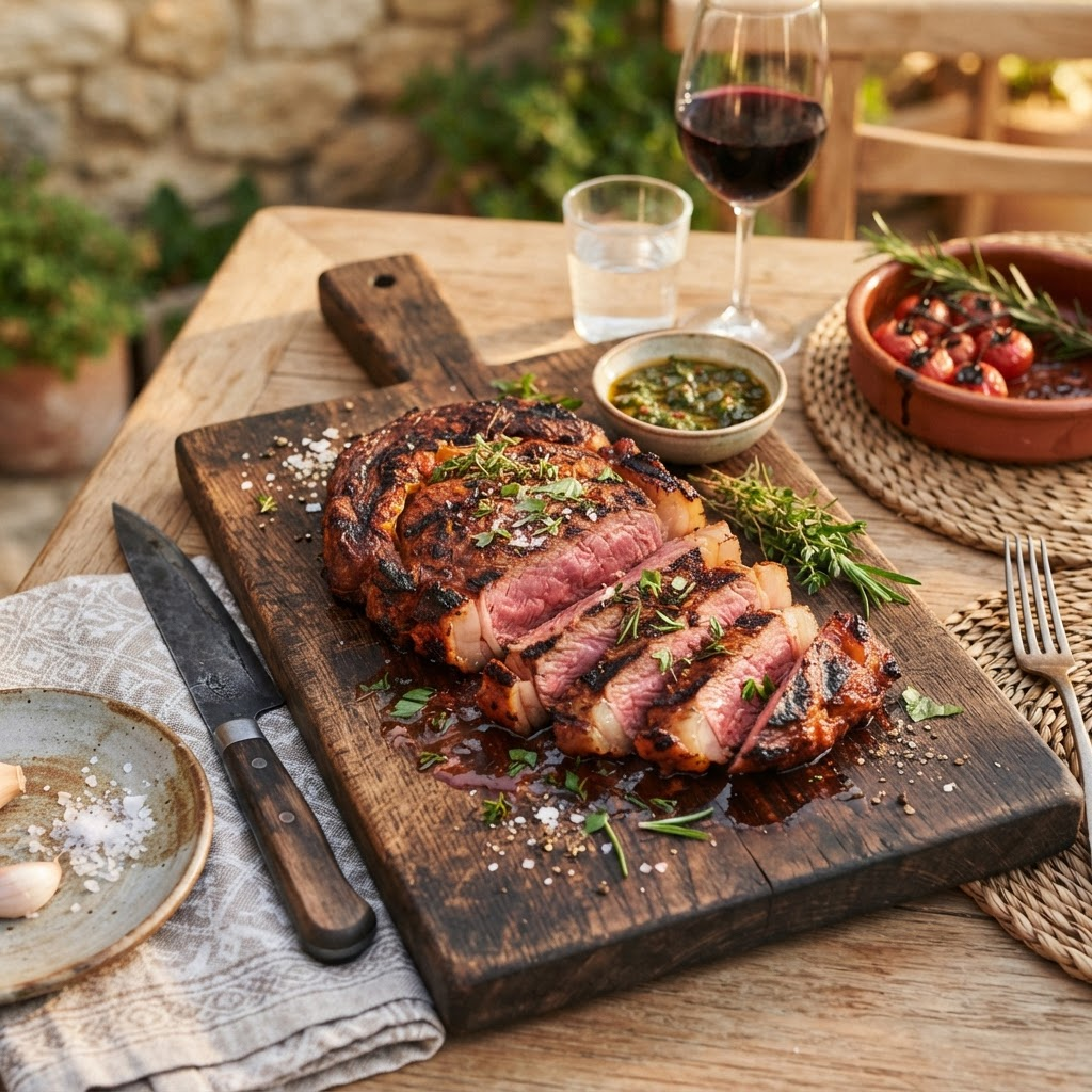 A grilled medium-rare steak sliced on a wooden board with a spicy crust